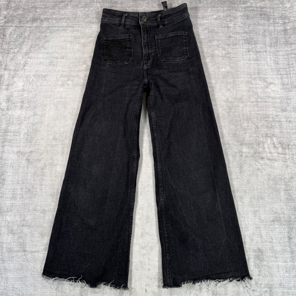 Zara Jeans Womens 2 Black Denim Baggy Wide Leg Patch Pockets Marine Raw Hem